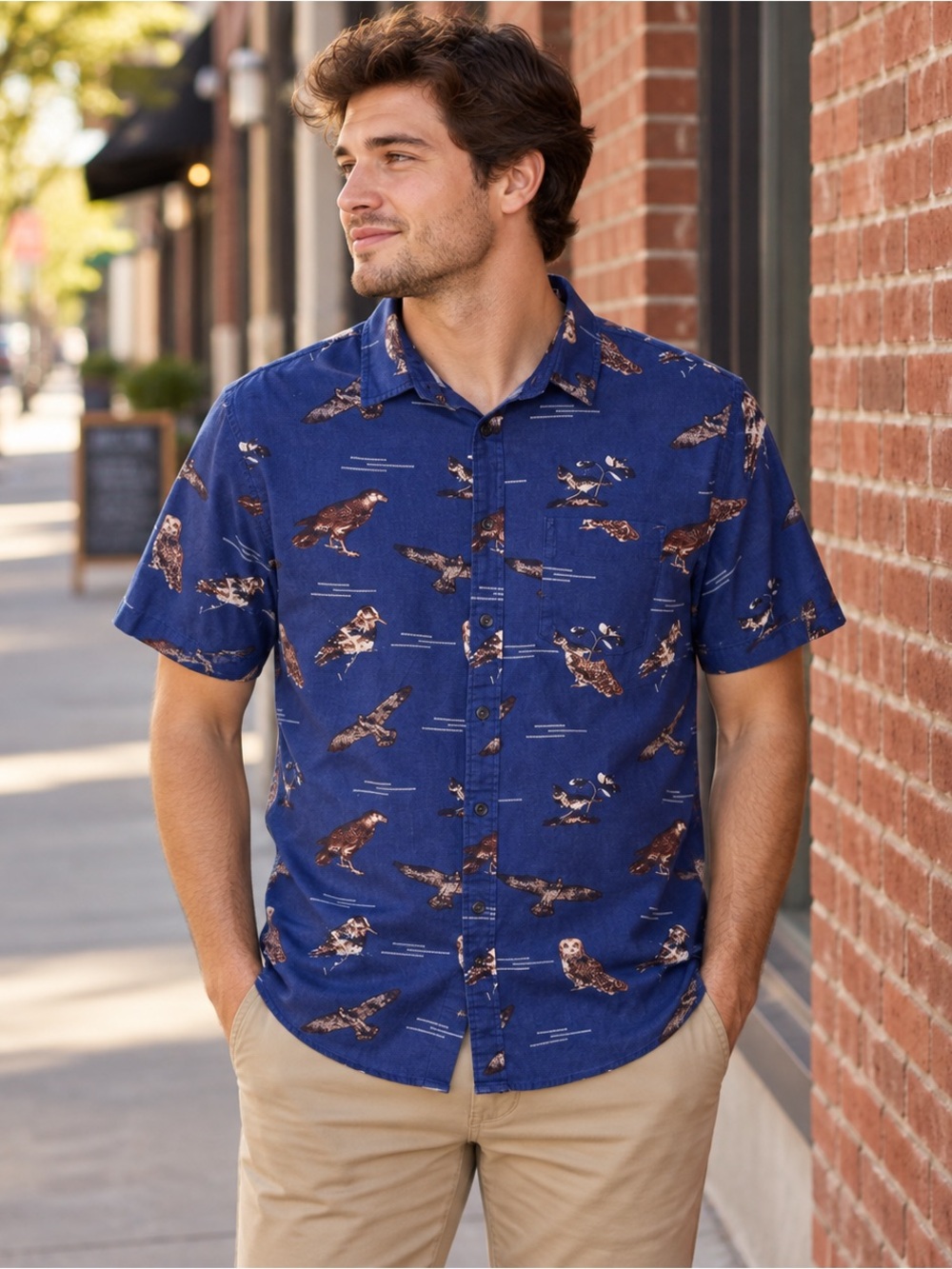 Jachs Navy Short-Sleeve Button-Down Shirt with Brown Bird Print